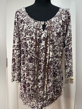Lucky Brand Off the Shoulder Cream and Deep Purple Floral Peasant Blouse
